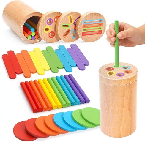 Montessori Toys for 1-3 Year Old, 3 in 1 Wooden Color Sorting Stacking Travel Toy for Toddlers 18+ Months with Magnetic Lid, Birthday Christmas Learning Gift for 2-4 Year Olds Boys Girls in Kuwait