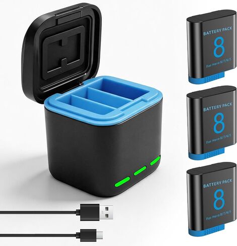 3-Pack Hero 8 Battery + 3-Channel LED USB Charger Compatible with GoPro Hero 8/7/6/5/2018 Black in Saudi Arabia