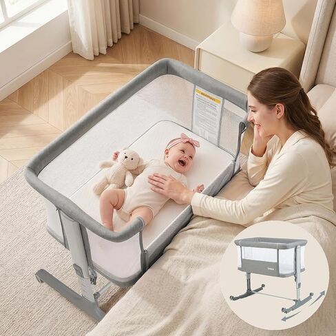 INFANS 3 in 1 Baby Bassinet, Bedside Sleeper for Newborn, Folding Crib with Mattress, Travel Bag, Wheels, 4-Sided Mesh, Easy to Assemble Cradle Co Sleeper Stationary, Rock (Light Grey) in Saudi Arabia
