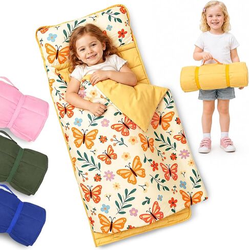 Toddler Nap Mat with Pillow and Blanket, Portable Sleeping Mat | 52" x 31" Sleeping Bag, Machine Washable, Easy to Carry, for Daycare, Preschool, Travel in Saudi Arabia