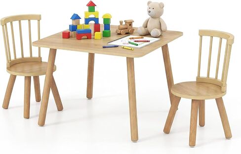 Costzon Kids Table and Chairs, Wooden 3 PCS Toddler Desk Set (Natural) | Children Activity Table w/ Pine Wood Frame and Round Seats w/ Curved Backrest, for Playing, Learning, Dining, Eating in Kuwait