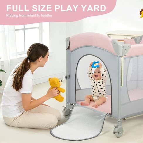 SIMPLGIRL 5-in-1 Pink Baby Bassinet Bedside Crib, Pack n Play Long Next to Parents Bed Crib, Foldable Playard, Playpen Travel Bed Nursery Center for Girl Infant Newborn in Saudi Arabia
