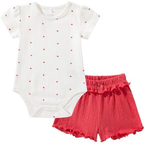 TRND O&X Baby Girl Heart Print Outfit Set, Short Sleeve Rib Pointelle Bodysuit &Crinkle Ruffle Shorts in Kuwait