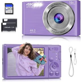 Digital Camera FHD 4K Kids Camera 44MP with 64GB SD Card (Purple) | Autofocus in Saudi Arabia