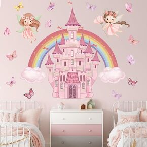 Rainbow Castle Wall Decals Princess Fairy Tale Butterfly Wall Stickers Watercolor Rainbow Cloud Wallpaper Peel and Stick Wall Art Decals for Girls Bedroom Nursery Kids Toddler Decoration in Saudi Arabia