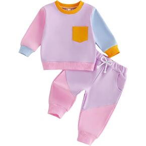 Fernvia Toddler Baby Girl Fall Clothes Long Sleeve Contrast Color Outfits | Crew Neck,Cotton Blend,Sweatshirt and Elastic Waist 2Pcs Pants Set,6 12 18 24 Months 2T 3T 4T 5T Girls Clothing,Casual in Saudi Arabia