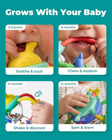 Bunny Hourglass Baby Teething and Rattle Toy, Silicone, 0-12 Months | BPA free, multi texture surfaces care for gums, easy grip handles, soothing shake sounds, newborn shower gift in Saudi Arabia