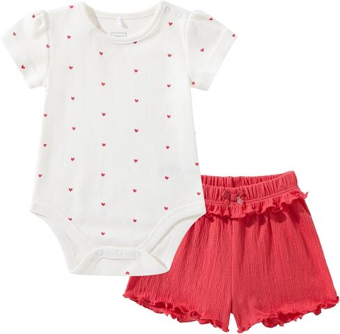 TRND O&X Baby Girl Heart Print Outfit Set, Short Sleeve Rib Pointelle Bodysuit &Crinkle Ruffle Shorts in Kuwait