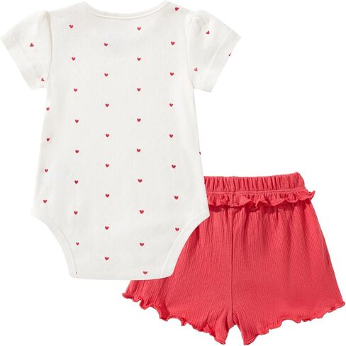 TRND O&X Baby Girl Heart Print Outfit Set, Short Sleeve Rib Pointelle Bodysuit &Crinkle Ruffle Shorts in Kuwait
