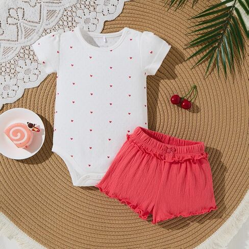 TRND O&X Baby Girl Heart Print Outfit Set, Short Sleeve Rib Pointelle Bodysuit &Crinkle Ruffle Shorts in Kuwait