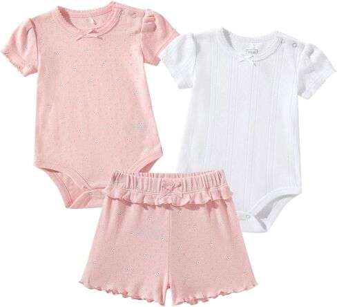 TRND O&X Baby Girl 3-Piece Cotton Outfit Set, 2 Bodysuits & 1 Short, Soft Breathable Pointelle Knit Infant Clothes in Kuwait