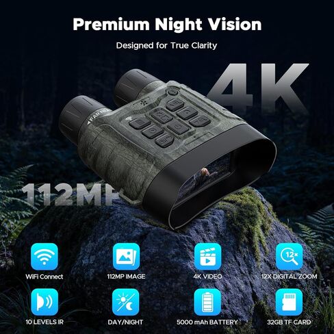 4K Night Vision Binoculars with WiFi, 112MP Infrared Night Vision Goggles with 12X Zoom, 1500FT Night Vision, 32GB Card for Nature Viewing, Camping, Hiking and Gifts for Men, Dad and Teens in Kuwait