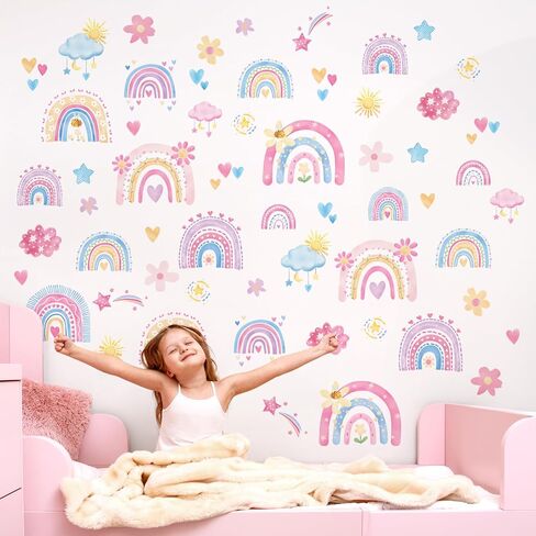DIY Pink Cartoon Rainbows Flowers Clouds Wall Stickers Self Adhesive Wall Decals for Girls' Room Bedroom Living Room in Saudi Arabia