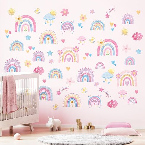 DIY Pink Cartoon Rainbows Flowers Clouds Wall Stickers Self Adhesive Wall Decals for Girls' Room Bedroom Living Room in Saudi Arabia