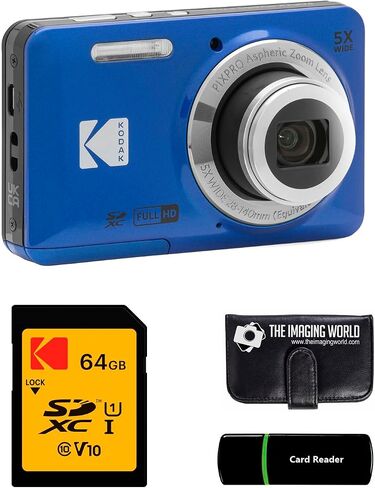 Kodak PIXPRO FZ55 Blue 16MP Digital Camera 5X Optical Zoom 28mm Wide Angle 1080P Full HD Video 2.7" LCD Camera + 64GB Card and Reader + Memory Wallet in Kuwait