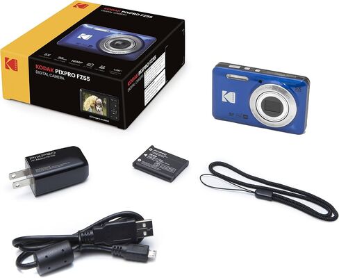 Kodak PIXPRO FZ55 Blue 16MP Digital Camera 5X Optical Zoom 28mm Wide Angle 1080P Full HD Video 2.7" LCD Camera + 64GB Card and Reader + Memory Wallet in Kuwait