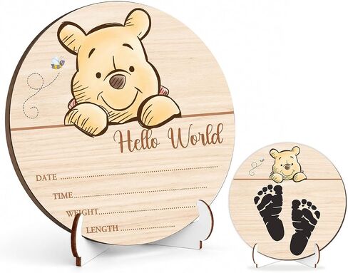 Winnie Baby Wooden Newborn Birth Sign, Winnie Hello World Newborn Signs, The Pooh Baby Announcement Sign, Double Sided Babies Name Plaques Photography Prop, Hello World for New Mom Babies in Saudi Arabia
