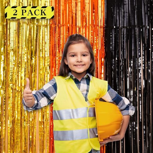 Construction Party Decorations, 2 Pack Tinsel Foil Fringe Curtains | Construction Birthday Party Supplies, 3.3x6.6 ft Yellow Orange and Black Photo Booth Prop Streamers Backdrop for Truck Decor in Saudi Arabia