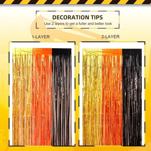 Construction Party Decorations, 2 Pack Tinsel Foil Fringe Curtains | Construction Birthday Party Supplies, 3.3x6.6 ft Yellow Orange and Black Photo Booth Prop Streamers Backdrop for Truck Decor in Saudi Arabia