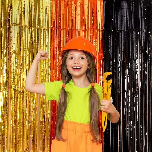 Construction Party Decorations, 2 Pack Tinsel Foil Fringe Curtains | Construction Birthday Party Supplies, 3.3x6.6 ft Yellow Orange and Black Photo Booth Prop Streamers Backdrop for Truck Decor in Saudi Arabia