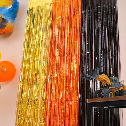Construction Party Decorations, 2 Pack Tinsel Foil Fringe Curtains | Construction Birthday Party Supplies, 3.3x6.6 ft Yellow Orange and Black Photo Booth Prop Streamers Backdrop for Truck Decor in Saudi Arabia
