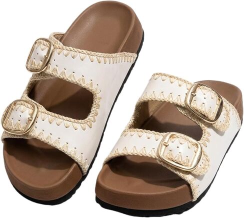 Women's Double Buckle Slide Sandals Stitch Platform Slip On in Kuwait