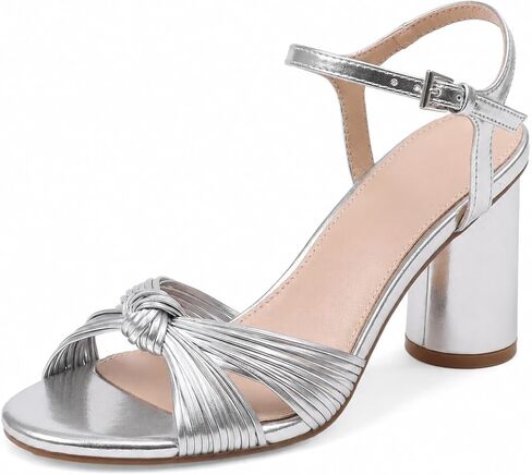 Eteridrey Chunky Block Heels Women Braided Knot Ankle Strap Sandals | 2.75" Heel • Round Open Toe • Adjustable Ankle Strap • Metallic PU Upper • Wedding Party Prom Bridal, Evening Dresses in Saudi Arabia