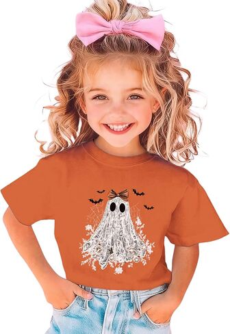 Kid Toddler Girls Halloween Shirts Lace Ghost Graphic T-Shirt Spooky Season Outfits Tees Short Sleeve Tops 2-8Y in Saudi Arabia