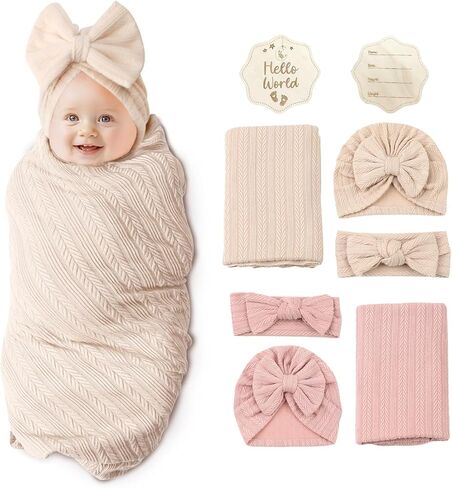 Newborn Receiving Blanket Toddler Warm with Bow Hat Headband Wooden Card Set Wheat-Pattern Newborns Toddler Baby for Baby Girls Boys Nursery Swaddle Wrap me 0-3 Month (2PC Pink & Khaki) in Saudi Arabia
