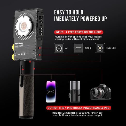 PHOTOOLEX 100W LED Video Light w 72WH Power Grip,Bi-Color Photography Light | CRI97+/TLCI98+/2700K-6500K/27000lux/m/15 Effects, for Professional Photo Studio, Vlogs, Podcasting & Streaming, Q100Lite in Saudi Arabia