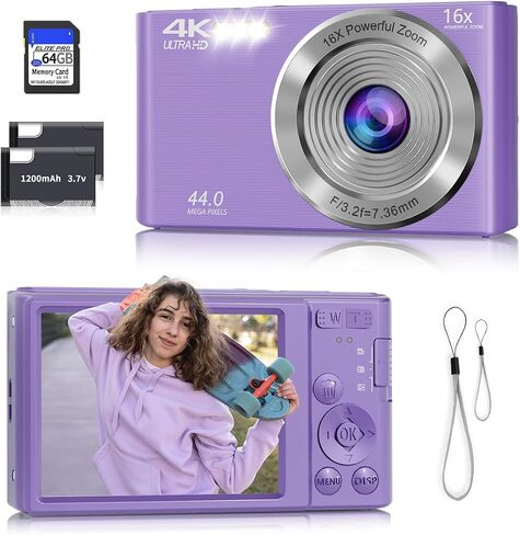 Digital Camera FHD 4K Kids Camera 44MP with 64GB SD Card (Purple) | Autofocus in Saudi Arabia
