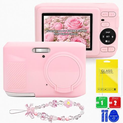 حافظة لكاميرا Kodak PIXPRO FZ45 الرقمية، حافظة كاميرا من السيليكون مع غطاء عدسة قابل للإزالة، حزام ساحر مطرز لطيف وحزمة من واقيات الشاشة، ملحقات كاميرا السفر الجمالية (بيج) in Kuwait