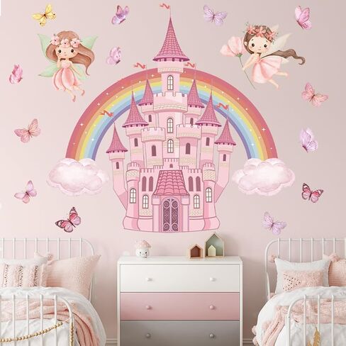 Rainbow Castle Wall Decals Princess Fairy Tale Butterfly Wall Stickers Watercolor Rainbow Cloud Wallpaper Peel and Stick Wall Art Decals for Girls Bedroom Nursery Kids Toddler Decoration in Saudi Arabia