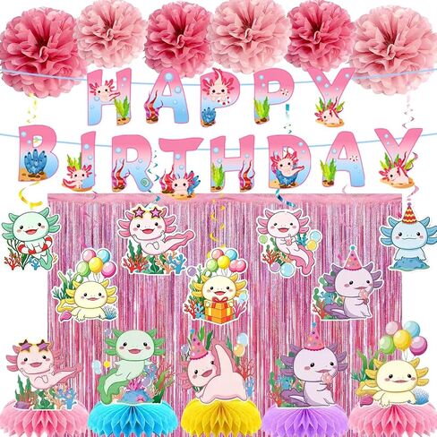 Axolotl Birthday Decorations - Colorful Birthday Banners Hanging Decorations Honeycomb Table Decorations Wave-Illuminated Metallic Pink Curtains Honeycomb Balls - Axolotl Party Decorations in Kuwait