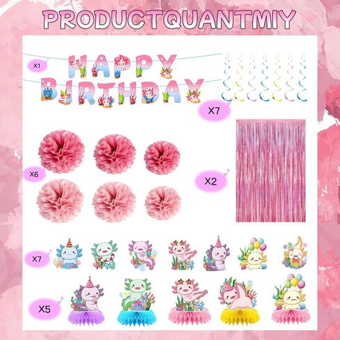 Axolotl Birthday Decorations - Colorful Birthday Banners Hanging Decorations Honeycomb Table Decorations Wave-Illuminated Metallic Pink Curtains Honeycomb Balls - Axolotl Party Decorations in Kuwait
