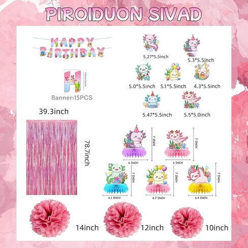 Axolotl Birthday Decorations - Colorful Birthday Banners Hanging Decorations Honeycomb Table Decorations Wave-Illuminated Metallic Pink Curtains Honeycomb Balls - Axolotl Party Decorations in Kuwait