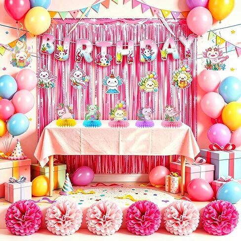 Axolotl Birthday Decorations - Colorful Birthday Banners Hanging Decorations Honeycomb Table Decorations Wave-Illuminated Metallic Pink Curtains Honeycomb Balls - Axolotl Party Decorations in Kuwait