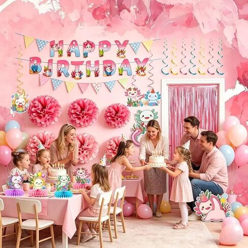Axolotl Birthday Decorations - Colorful Birthday Banners Hanging Decorations Honeycomb Table Decorations Wave-Illuminated Metallic Pink Curtains Honeycomb Balls - Axolotl Party Decorations in Kuwait