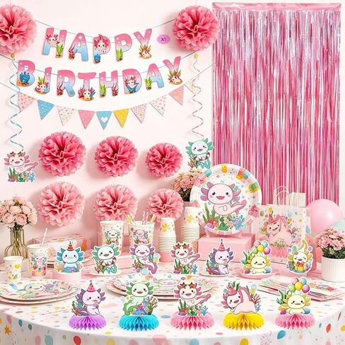 Axolotl Birthday Decorations - Colorful Birthday Banners Hanging Decorations Honeycomb Table Decorations Wave-Illuminated Metallic Pink Curtains Honeycomb Balls - Axolotl Party Decorations in Kuwait