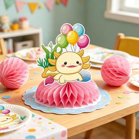 Axolotl Birthday Decorations - Colorful Birthday Banners Hanging Decorations Honeycomb Table Decorations Wave-Illuminated Metallic Pink Curtains Honeycomb Balls - Axolotl Party Decorations in Kuwait