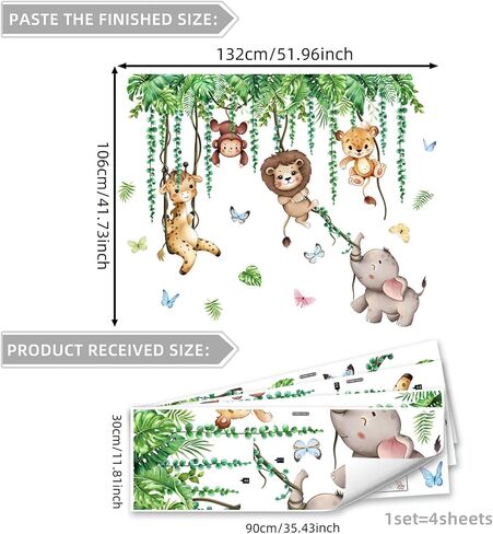 Jungle Animals Tree Branch Wall Stickers, Elephant+Lion+Giraffe | Monkey Giraffe Leopard Lion Elephant, Wall Decals, For Nursery Kids Bedroom Living Room in Saudi Arabia