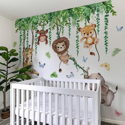 Jungle Animals Tree Branch Wall Stickers, Elephant+Lion+Giraffe | Monkey Giraffe Leopard Lion Elephant, Wall Decals, For Nursery Kids Bedroom Living Room in Saudi Arabia