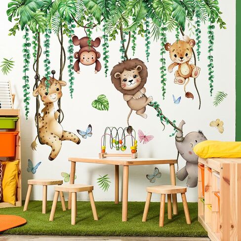 Jungle Animals Tree Branch Wall Stickers, Elephant+Lion+Giraffe | Monkey Giraffe Leopard Lion Elephant, Wall Decals, For Nursery Kids Bedroom Living Room in Saudi Arabia