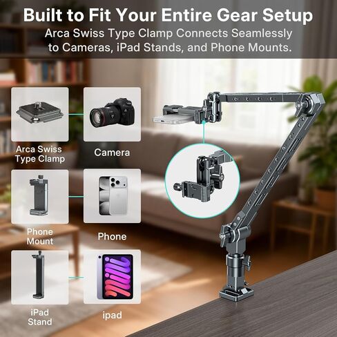 Aluminum Heavy Duty Magic Arm with Standard Light Stand Mount Design, 2-Section Flexible Overhead Desk Mount with Arca Swiss Type Clamp, 360° Full Rotation Suitable for Capturing Every Angle in Kuwait