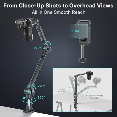 Aluminum Heavy Duty Magic Arm with Standard Light Stand Mount Design, 2-Section Flexible Overhead Desk Mount with Arca Swiss Type Clamp, 360° Full Rotation Suitable for Capturing Every Angle in Kuwait