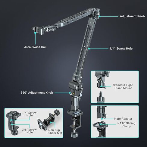 Aluminum Heavy Duty Magic Arm with Standard Light Stand Mount Design, 2-Section Flexible Overhead Desk Mount with Arca Swiss Type Clamp, 360° Full Rotation Suitable for Capturing Every Angle in Kuwait