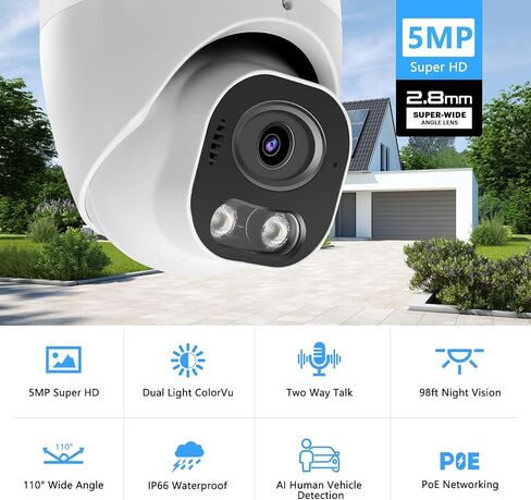 5MP Full Color PoE IP Security Camera, Two Way Talk, SD Card Slot | P2P, H.265 Turret Dome IP Camera, Support P2P, Smart Dual Light, 98ft Night Vision, 110°Wide Angle, Human/Vehicle Detection in Saudi Arabia