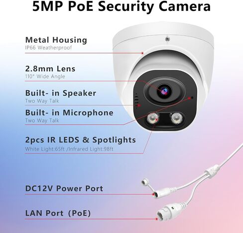 5MP Full Color PoE IP Security Camera, Two Way Talk, SD Card Slot | P2P, H.265 Turret Dome IP Camera, Support P2P, Smart Dual Light, 98ft Night Vision, 110°Wide Angle, Human/Vehicle Detection in Saudi Arabia