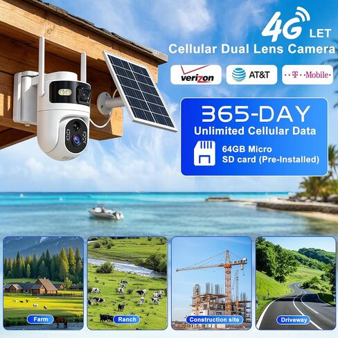Dual Lens 4G LTE Cellular Security Camera Outdoor,365 Days Unlimited Data | 2K Wireless Solar Security Camera,PTZ with 360°Auto Tracking,2K Color Night Vision,PIR Motion Sensor,64GB Storage in Kuwait