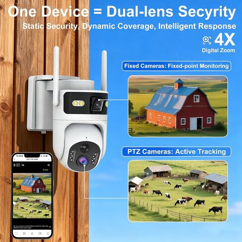Dual Lens 4G LTE Cellular Security Camera Outdoor,365 Days Unlimited Data | 2K Wireless Solar Security Camera,PTZ with 360°Auto Tracking,2K Color Night Vision,PIR Motion Sensor,64GB Storage in Kuwait